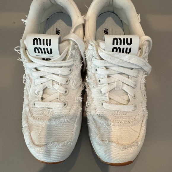 Miu Miu x New Balance 574 
 Distressed White Denim Canvas Sneakers Runners - Picture 5 of 14